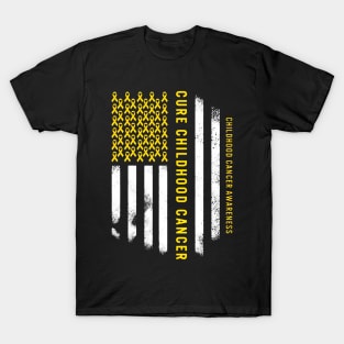 Cure Childhood Cancer Gold Ribbon USA American Flag T-Shirt